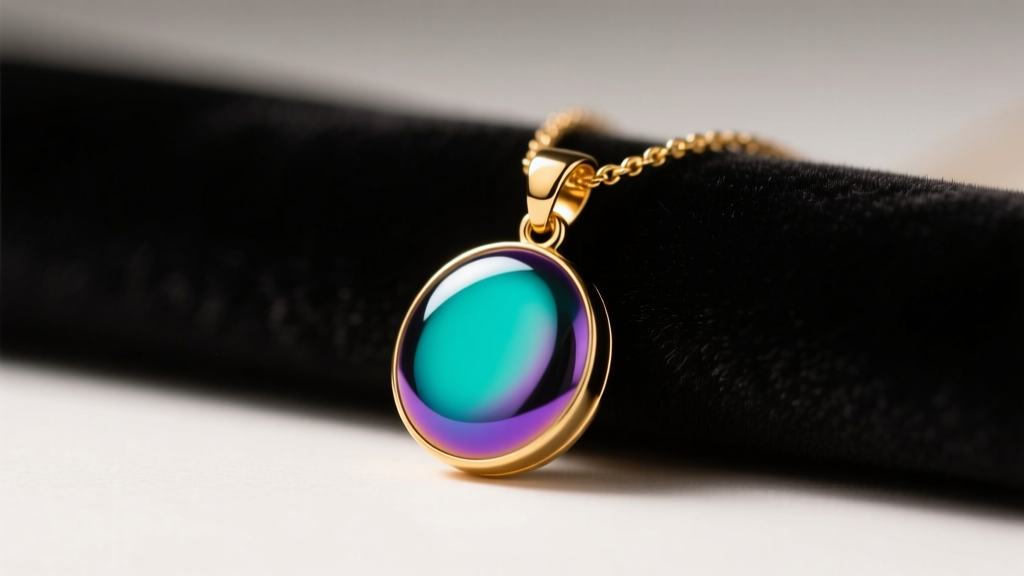 Macro shot of a gold-plated mood necklace pendant on dark velvet, shifting from teal to purple under warm studio lighting