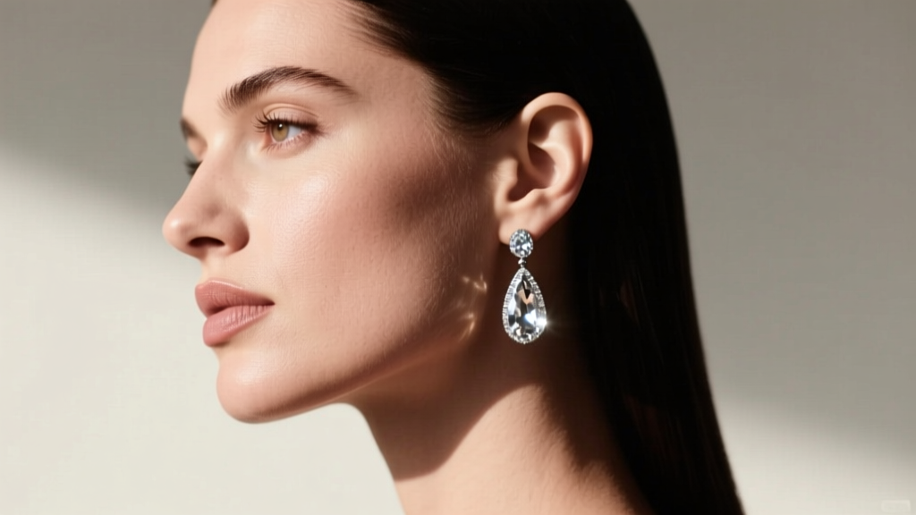 Side profile of a woman with an oval face wearing medium silver teardrop crystal earrings, highlighting jawline elongation.