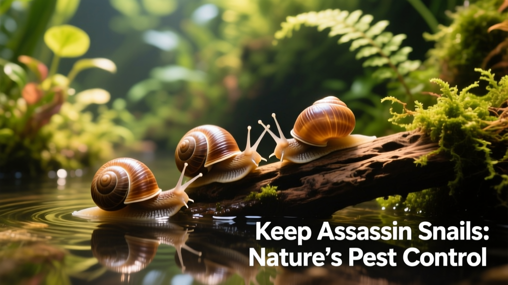 Group of three assassin snails clustered near a piece of driftwood in a planted aquarium