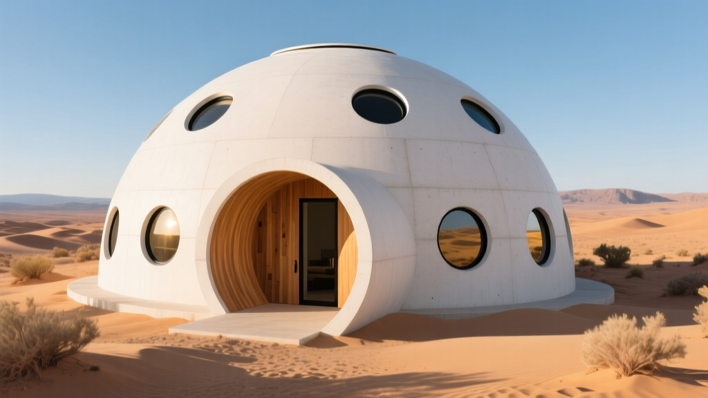 Exterior view of a white monolithic concrete dome home surrounded by desert landscaping with a curved wooden entryway and round windows