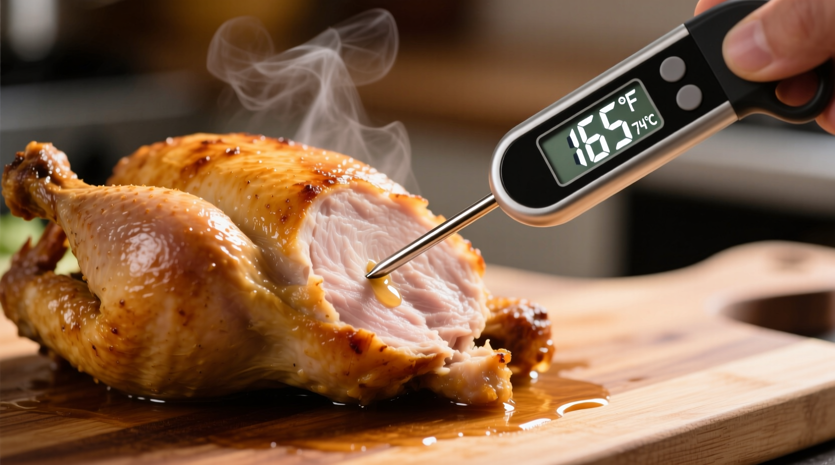 Food thermometer measuring chicken temperature