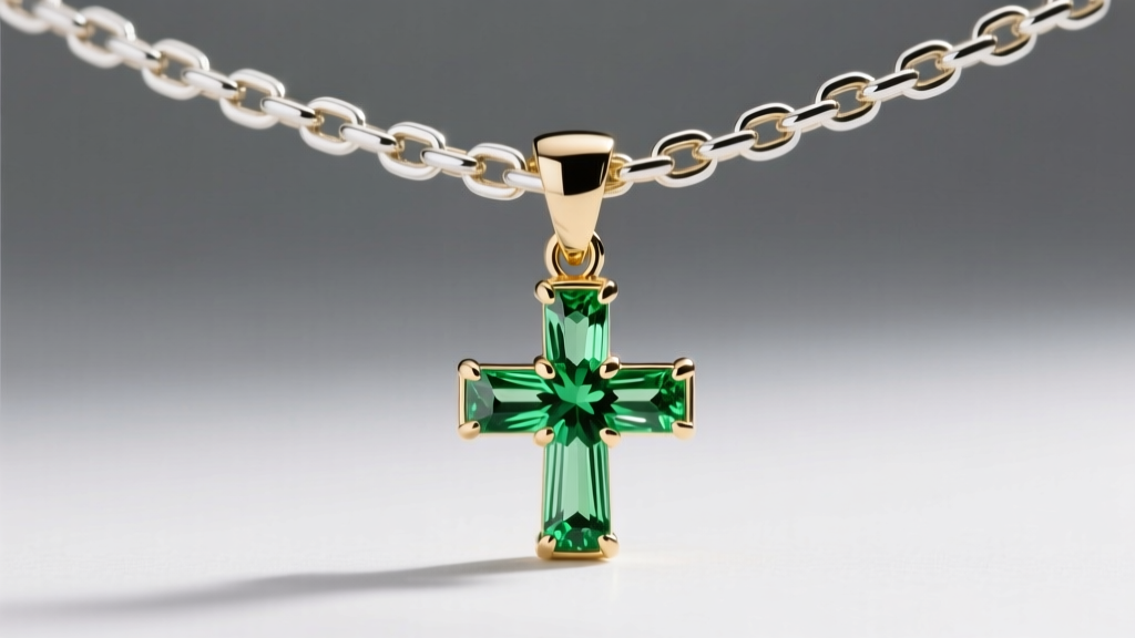 Close-up of a 1.2mm white gold box chain threading through a solid bail of a peridot cross, showing durable interlocking links.