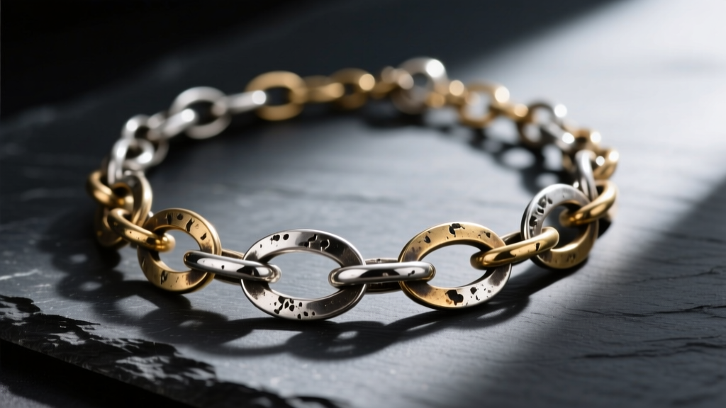 Close-up of a mixed-metal vintage revival necklace featuring oxidized sterling silver and raw brass chains resting on dark slate.