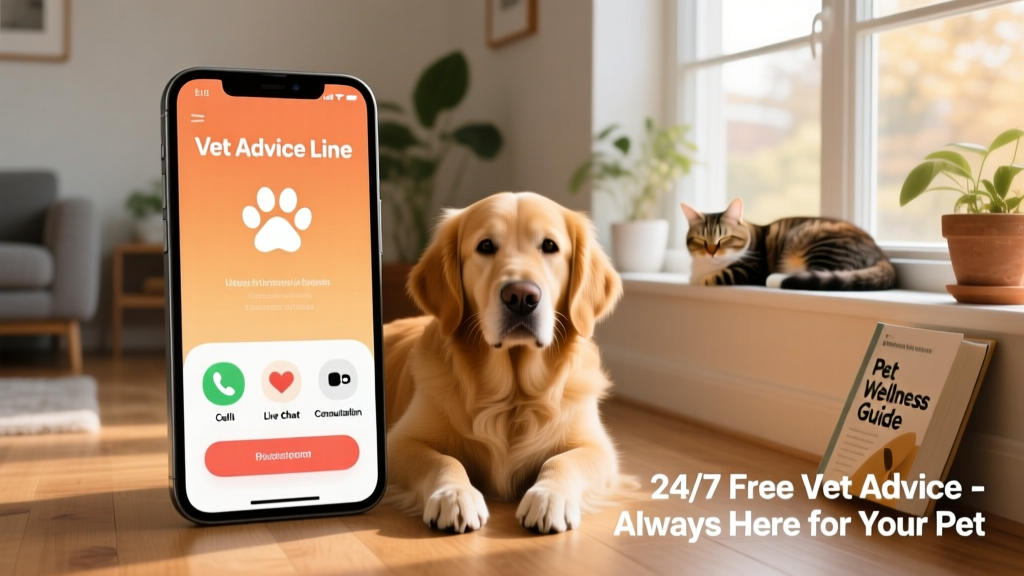 Dashboard screenshot showing the 'Vet Advice Line' section with clear call-to-action buttons for phone, chat, and video consultation