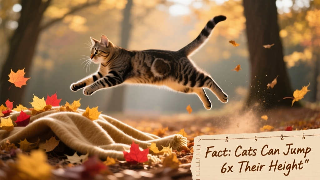 A cat mid-air, gracefully jumping over fallen autumn leaves