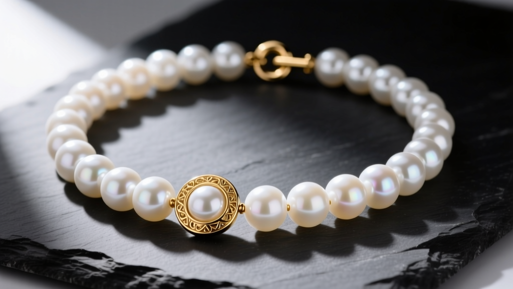 Macro shot of a chunky white beaded necklace with 20mm graduated freshwater pearls and a gold toggle clasp on dark slate