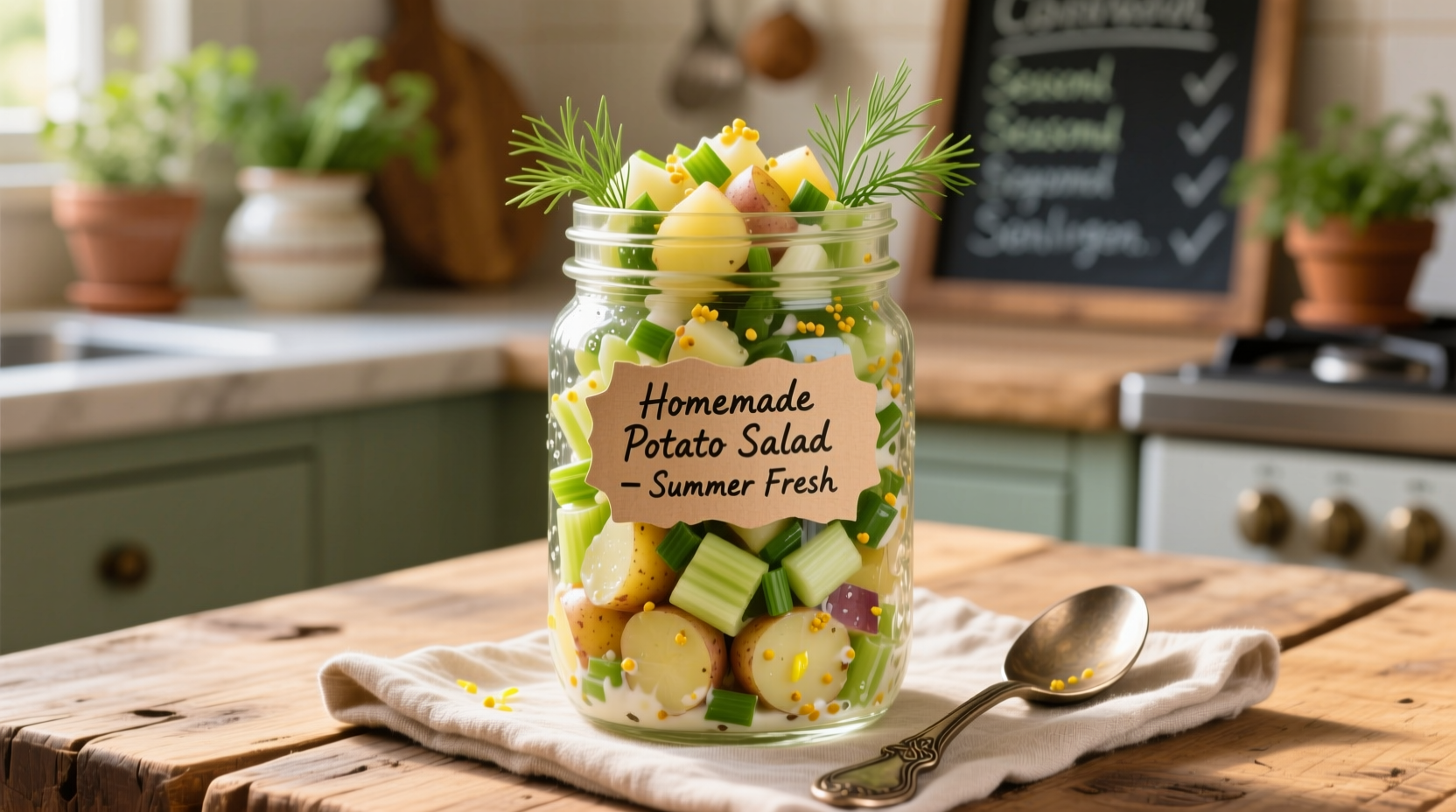 Fresh potato salad in glass container with proper labeling