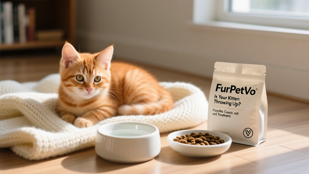 Kitten resting comfortably on a soft blanket beside a clean water bowl and a small portion of high-quality kitten food, with FurPetVo branding subtly visible on packaging