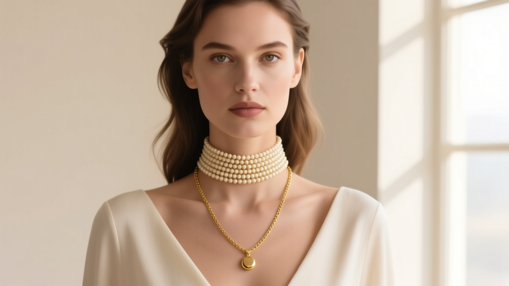 Model wearing a layered stack with a short popcorn choker and a longer solid gold pendant chain against a soft neutral background.