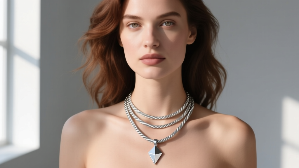 Woman wearing a layered 18-inch rope chain and 20-inch cable chain with a small silver edgy pendant, soft natural window light.
