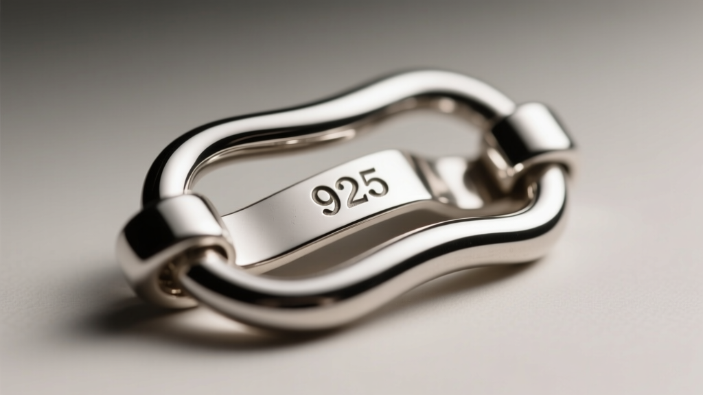 Macro photography of an Italian sterling silver lobster clasp with a microscopic 925 hallmark stamp, under soft studio lighting