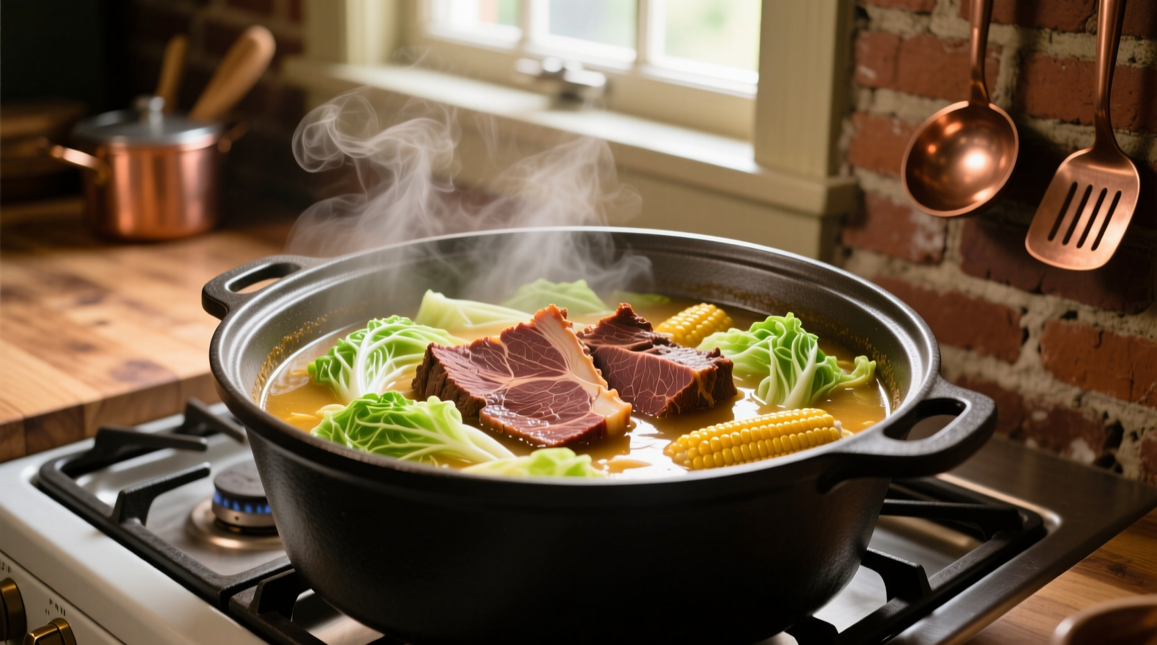 Corned beef and cabbage simmering in large pot