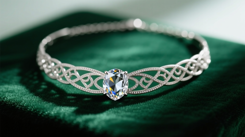 Sterling silver Arwen necklace on dark green velvet, soft lighting highlighting the intricate filigree and clear central gemstone