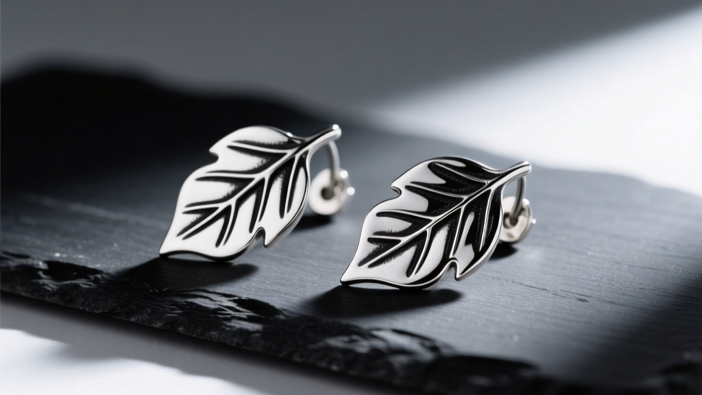 Close-up of structural 925 sterling silver leaf earrings with dark oxidized veins, resting on a matte black slate surface