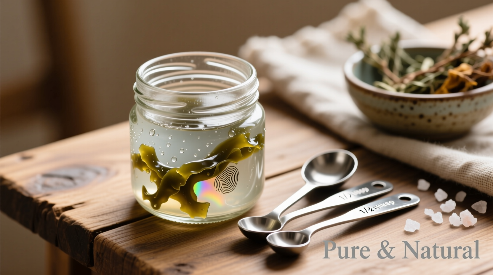 Homemade sea moss gel in glass container with measuring spoons
