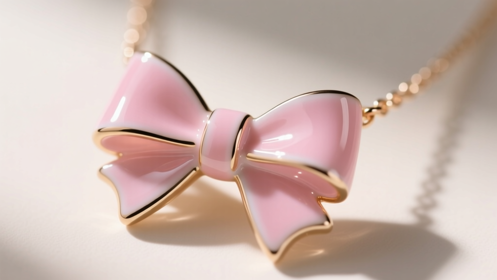 Macro view of a pink vitreous enamel bow necklace, highlighting its glass-like luster and smooth curved surface in soft light.