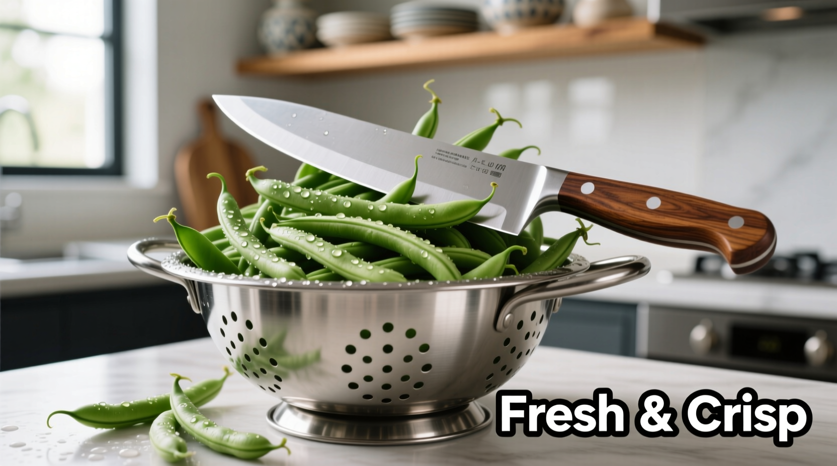 Fresh green beans in colander with chef's knife