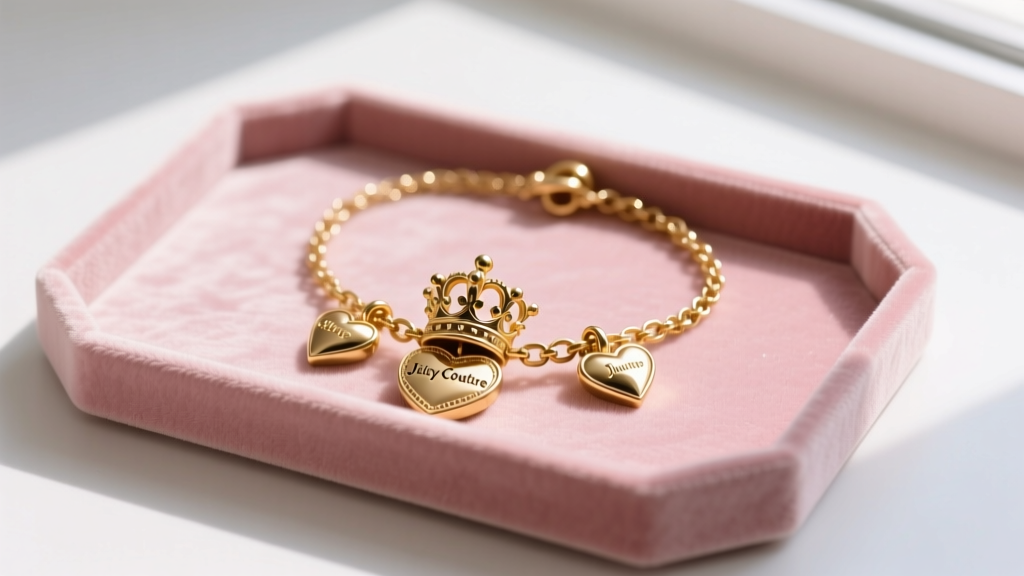 Flat lay of a vintage gold-tone Juicy Couture charm necklace with crown and heart pendants on a pink velvet jewelry display tray