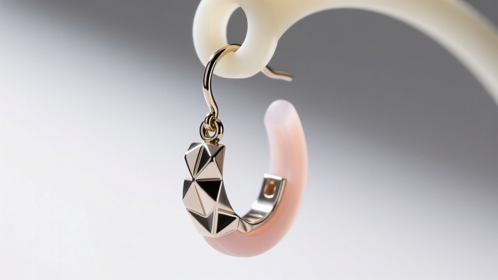 Silicone backers supporting an 18-gauge Berebi drop earring to prevent lobe tearing, photographed under bright studio lighting