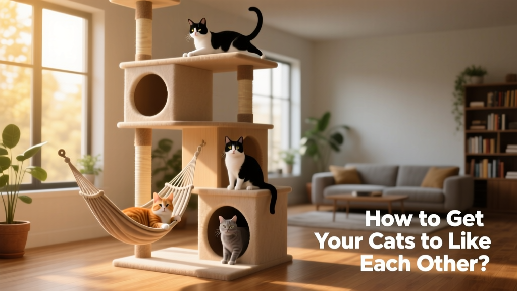 Cat tree with multiple levels, tunnels, and hammocks, showing how vertical space supports peaceful cohabitation