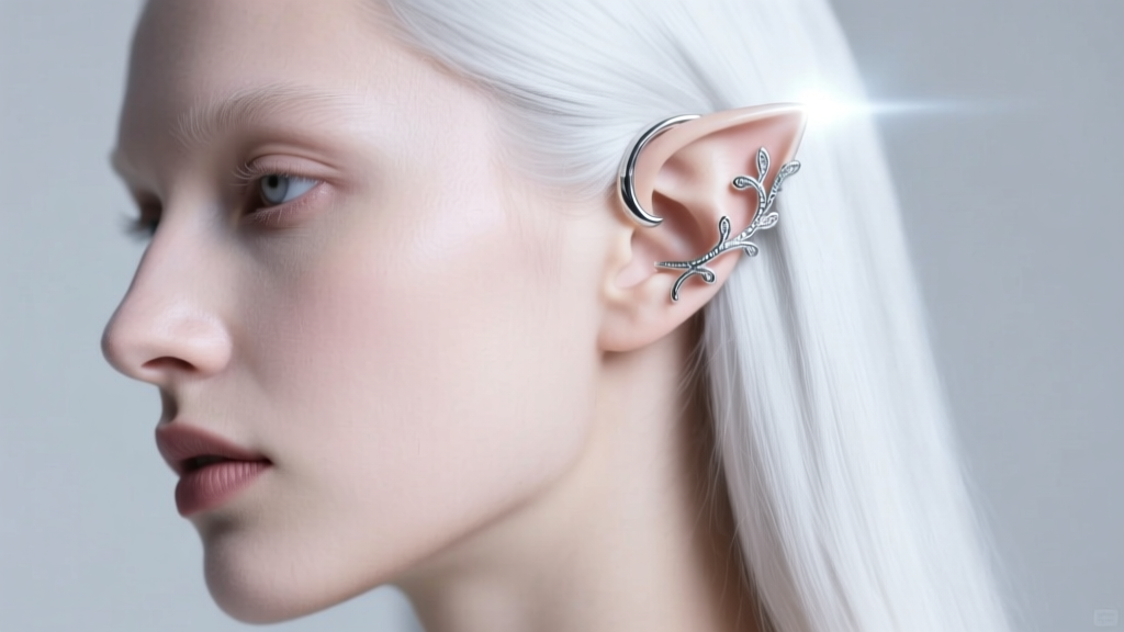 Silver elf ear cuff wrapping around the upper helix cartilage, featuring tiny vine motifs against soft, diffused studio lighting