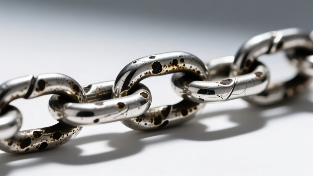 Extreme close-up of a tarnished sterling silver chain showing dark oxidation spots along the links under bright studio lighting.