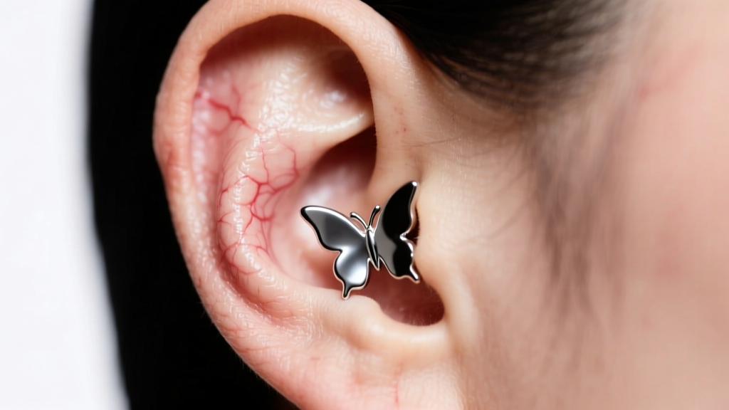 Extreme close-up of a swollen earlobe with a tight metallic butterfly back earring embedded slightly into the skin under bright clinical lighting