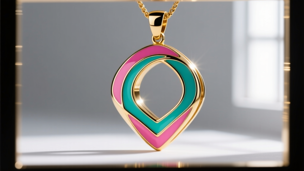 Macro shot of a multicolor pendant showing the crisp boundary between gold plating and bright pink and teal cold enamel fills.