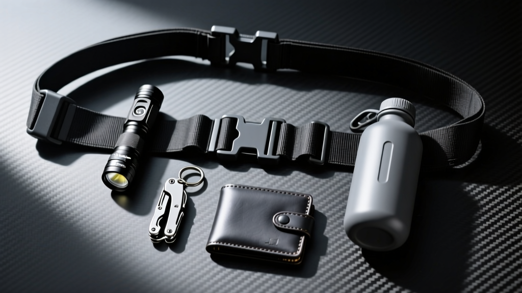 A flat-lay of dark grey and black tactical EDC gadgets arranged on a matte carbon fiber background, resembling a modern utility belt.