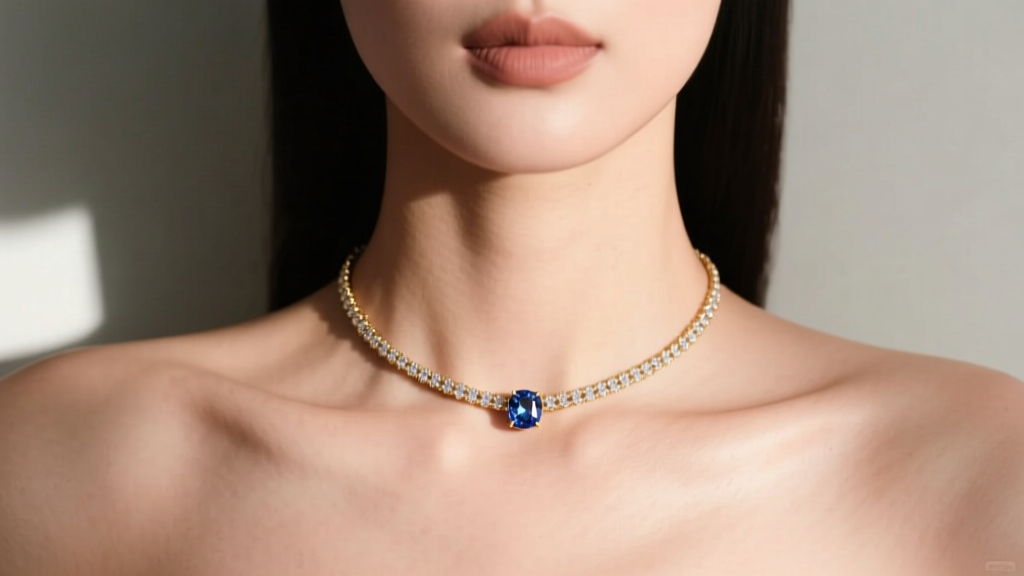 Profile of a woman wearing a delicate gold sapphire choker, showing proper collarbone placement and comfortable skin clearance.