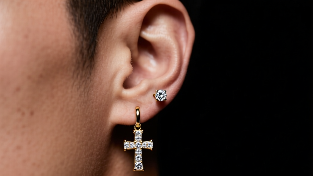 Macro shot of a male ear wearing a diamond stud and iced-out cross dangle earring under sharp studio lighting, dark background.