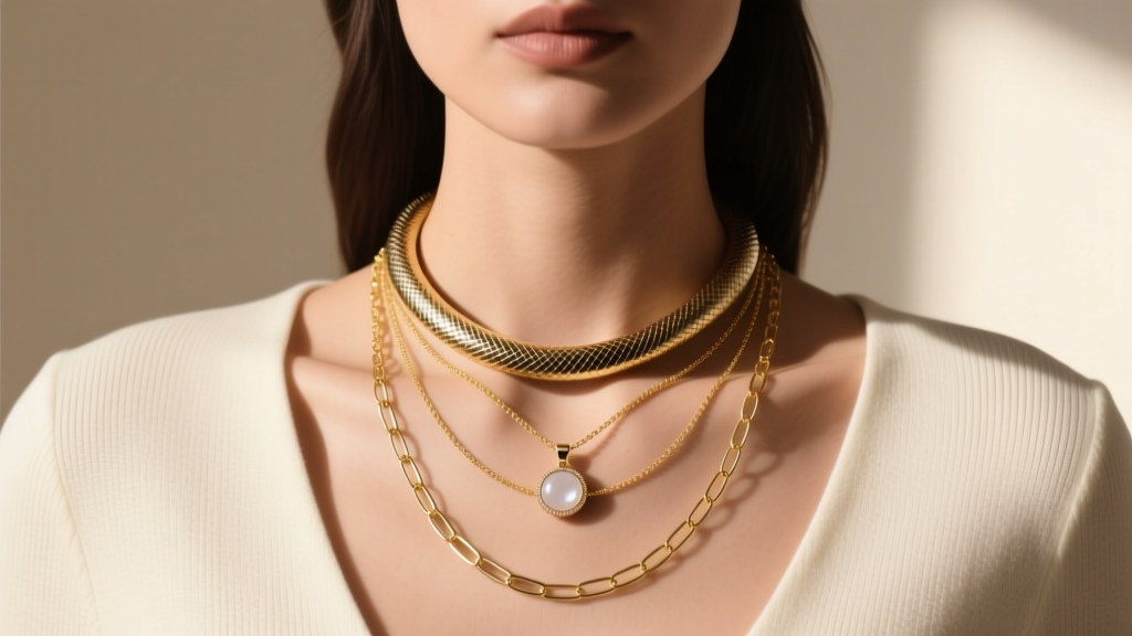 Model wearing a layered necklace stack with a 14-inch snake chain, a 16-inch Bella pendant, and an 18-inch gold paperclip chain on a neutral top.