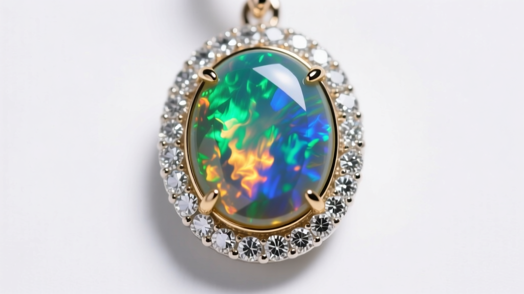 Macro shot of a bezel-set cabochon opal pendant surrounded by a tiny diamond halo, illuminated by soft directional studio lighting.