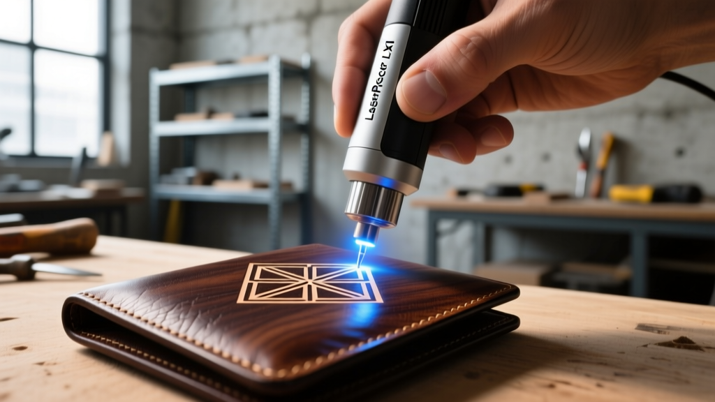 Close-up of a hand using the LaserPecker LX1 handheld laser engraver to etch a geometric pattern onto a dark walnut leather wallet in a workshop
