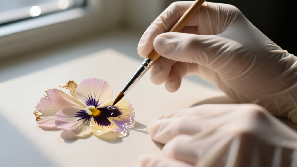 Hands in nitrile gloves using a fine brush to apply clear acrylic sealant to dried pressed pansies before resin embedding.