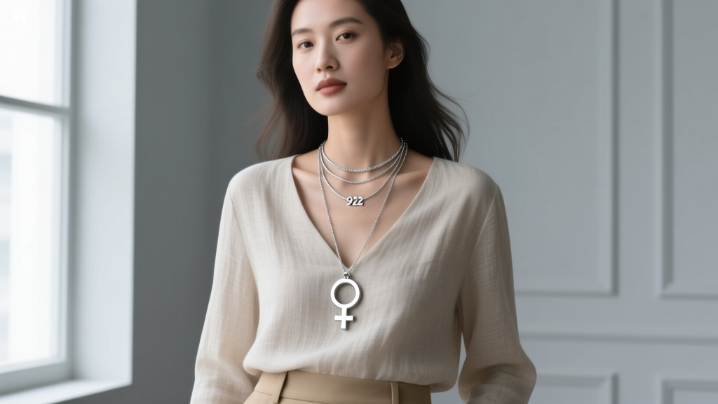 Woman wearing a layered 925 silver female gender symbol necklace with a paperclip chain, lit by soft natural window light.
