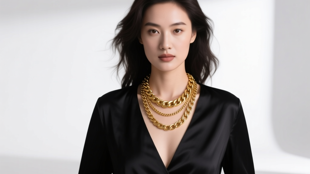 Woman wearing a chunky gold layered necklace over a deep V-neck black blouse, showcasing the 18-inch and 22-inch chain lengths.