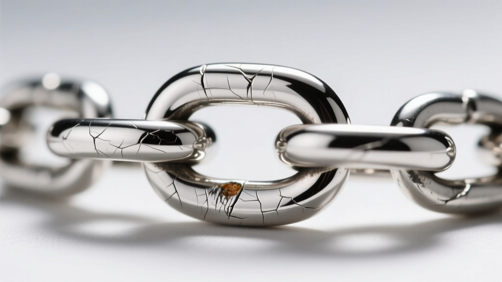 Macro photo showing microscopic wear marks on a sterling silver chain link caused by friction from a heavy platinum ring pendant.