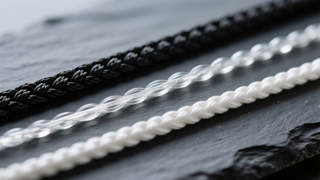 Macro shot of three jewelry threads: braided black nylon, clear monofilament, and white PTFE laid parallel on dark slate.