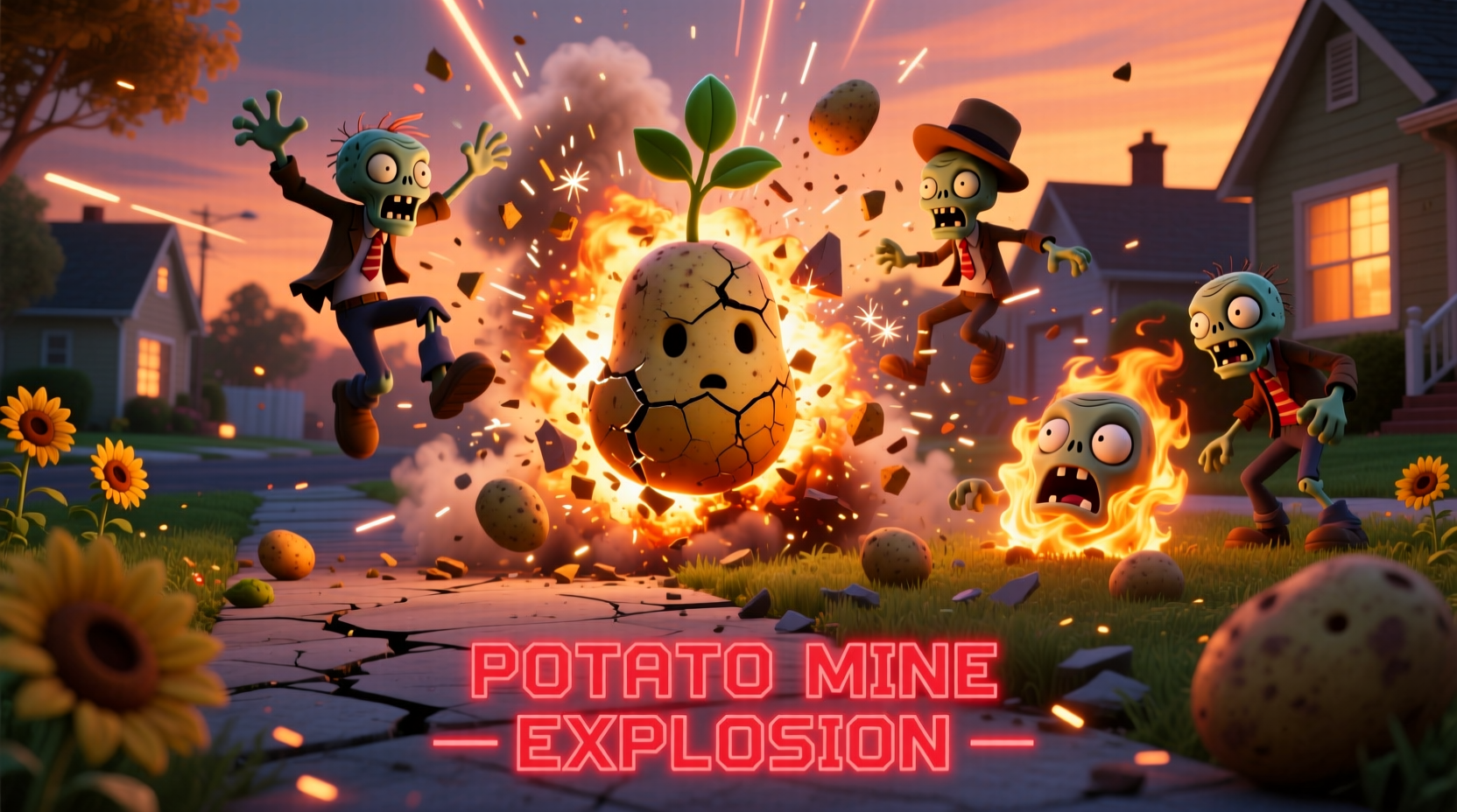 Potato Mine exploding against multiple zombies in PVZ