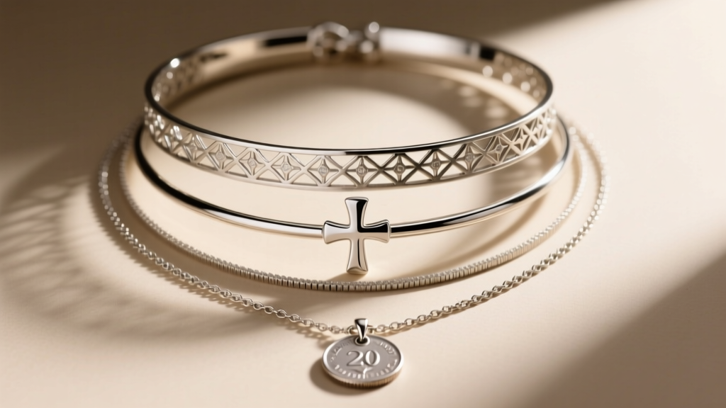 Layered jewelry stack featuring a 16-inch choker, an 18-inch sterling silver horizontal cross necklace, and a 20-inch coin pendant