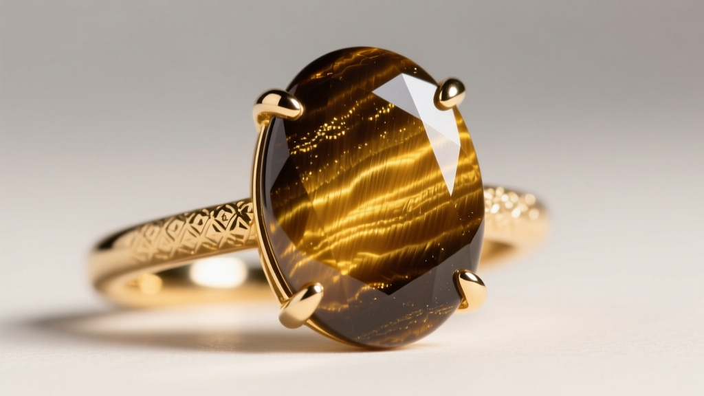 Macro shot of a tiger eye cabochon in a textured 14k gold prong setting, showing fibrous inclusions and bright light reflection.