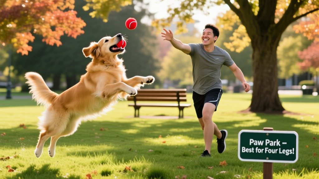 A person throwing a ball while their dog leaps mid-air in a sunny dog park