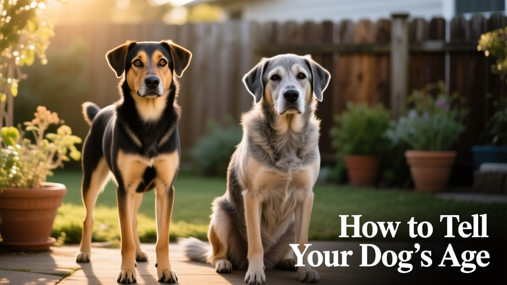 Side-by-side comparison of a young adult dog and a senior dog, highlighting posture, coat texture, and facial features
