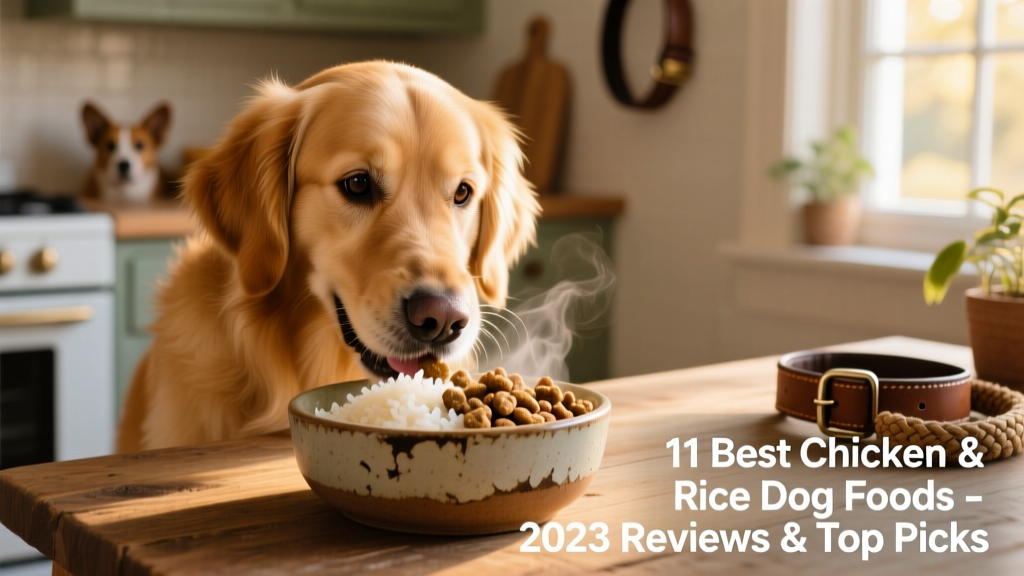 A golden retriever happily eating from a ceramic bowl filled with kibble and steamed rice