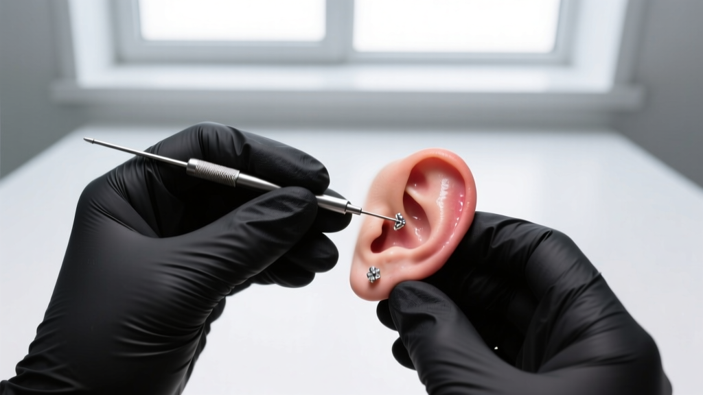 Professional piercer wearing black nitrile gloves using specialized flat-back tapers to safely remove embedded earlobe jewelry