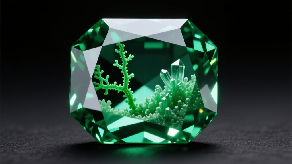 Macro photography of a natural Colombian emerald showing internal jardin inclusions and a classic step-cut faceting pattern.