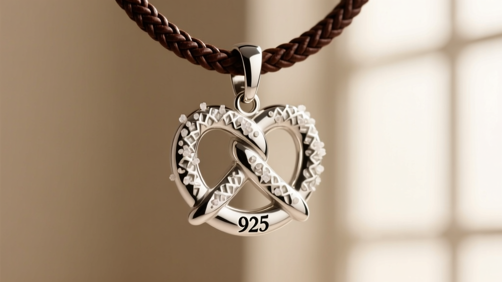 Macro shot of a 925 sterling silver pretzel charm with salt textures, hanging from a dark brown braided leather cord