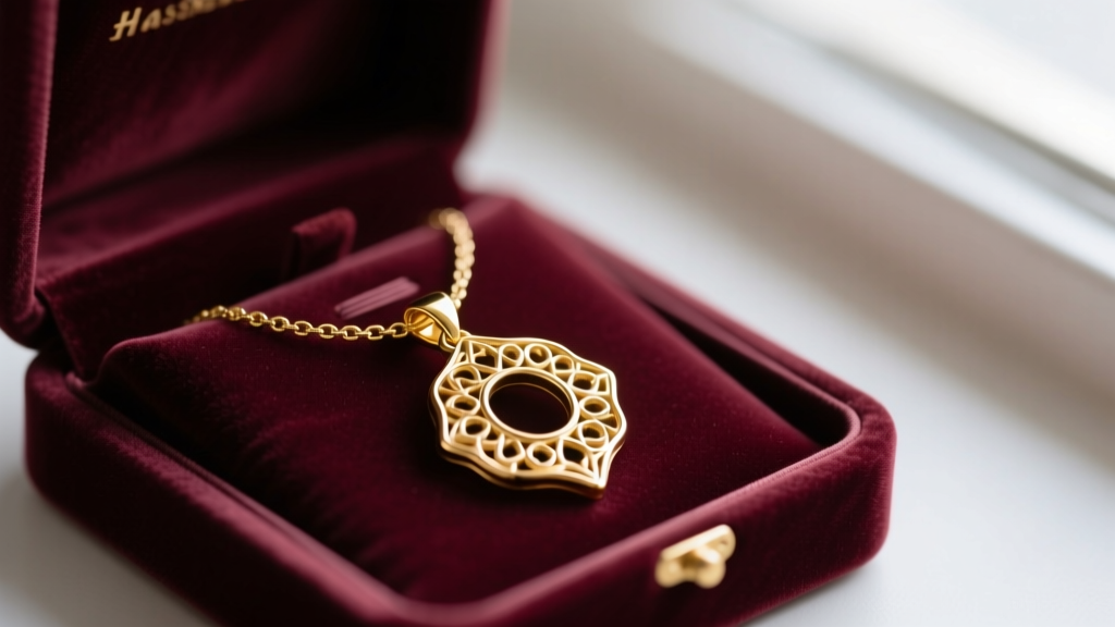 Mens gold pendant in a velvet-lined box, arranged to prevent metal tangles and surface scratches on the delicate chain links