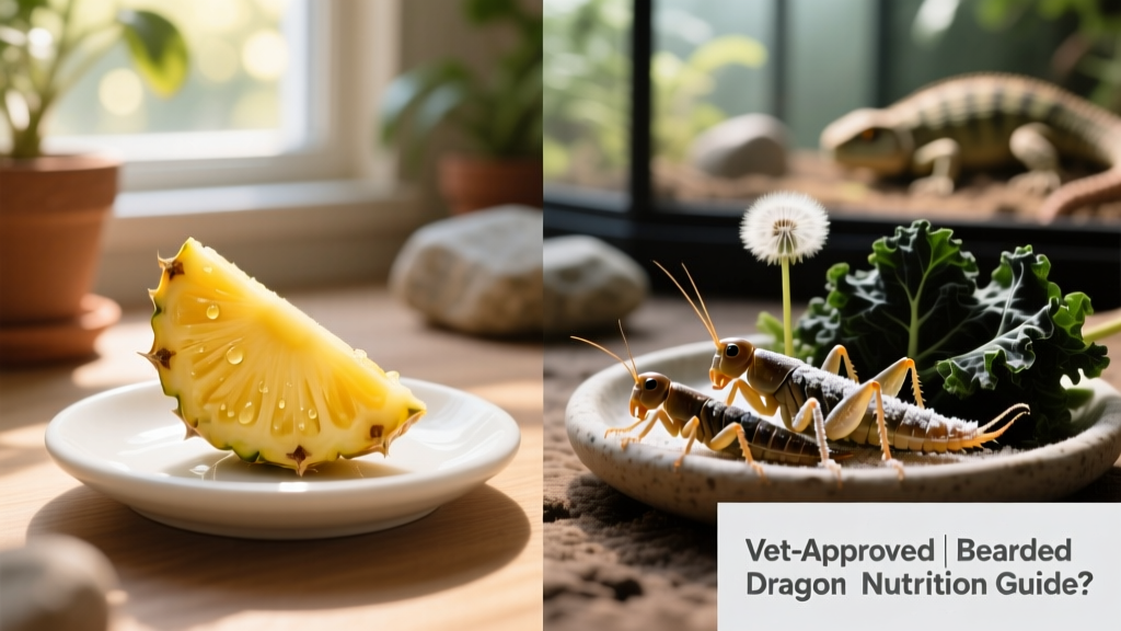 Side-by-side comparison: a small piece of fresh pineapple next to calcium-dusted crickets and dark leafy greens on a feeding dish